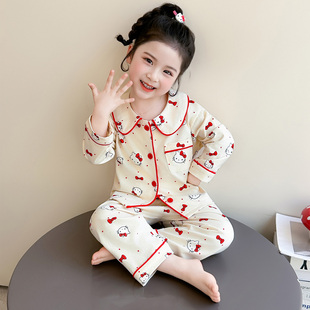 女童睡衣套装春秋款2026新款女宝宝纯棉娃娃领KT猫儿童开衫家居服