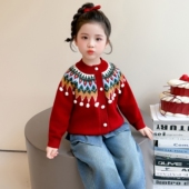女童新年毛衣春秋款 外套 女宝宝上衣儿童洋气百搭红色喜庆针织开衫