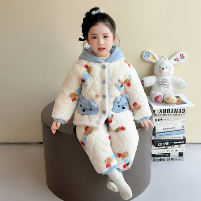 女童睡衣套装冬季珊瑚绒加厚款女宝宝小熊连帽三层夹棉保暖家居服