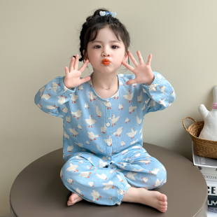 套装 女童睡衣春秋新款 开衫 棉纱布居家空调服女孩秋季 儿童纯棉薄款