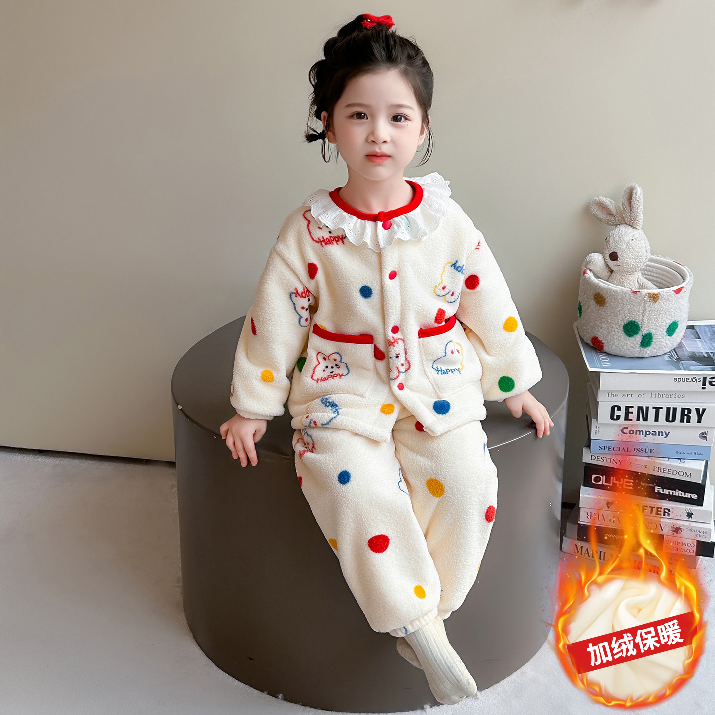 儿童法兰绒睡衣女童圆点花边双层加厚保暖套装女宝宝2025冬季新款