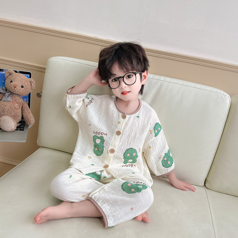 儿童纱布纯棉睡衣男童夏季空调服男孩宝宝棉麻纱布家居服开衫套装