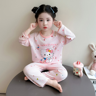 女童睡衣套装春秋新款儿童莫代尔圆点KT猫家居服女宝宝卡通空调服