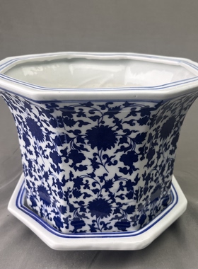 景德镇陶瓷花盆八角青花瓷缠枝莲大号带接水盘仿古树盆发财树种花