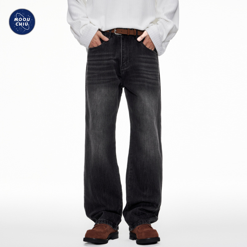 沐丘男装∣2025秋冬新款美式复古做旧水洗牛仔裤男宽松直筒长裤子