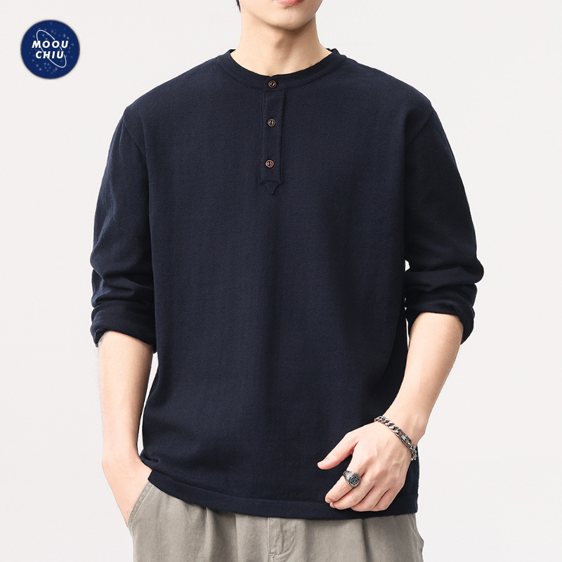 沐丘男装∣美式复古休闲硬汉亨利领毛衣男士保暖亲肤打底针织毛衫