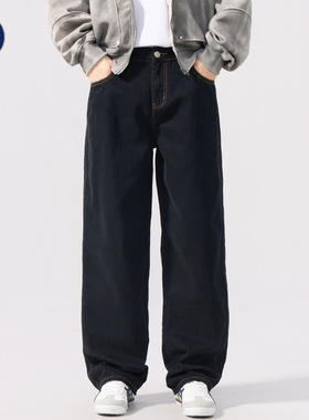 沐丘男装∣黑色高级感原色牛仔裤男士宽松通勤美式潮牌阔腿长裤子