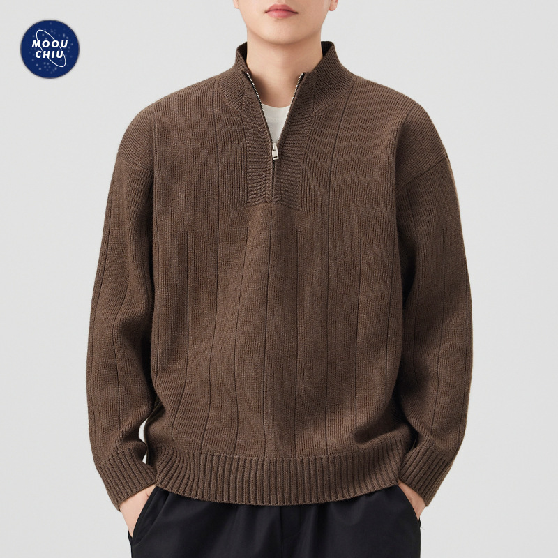 沐丘男装∣冬季新款条纹肌理感半高领拉链毛衣男高级感通勤针织衫