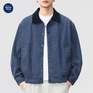 沐丘男装∣美式复古水洗巴恩风法工蓝工装外套男宽松通勤短款夹克