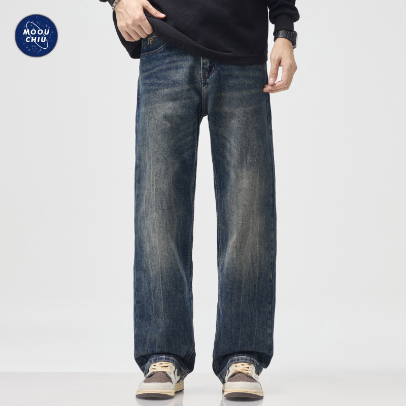 沐丘男装∣2025秋冬新款弹力高街水洗直筒牛仔裤男士复古做旧长裤