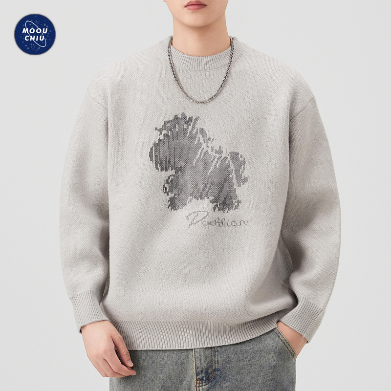 沐丘男装∣秋冬新款马儿印花打底针织衫男女同款宽松情侣圆领毛衣