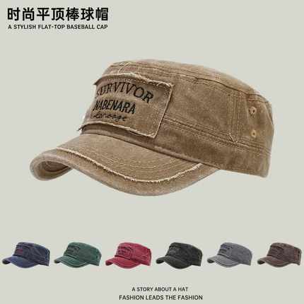 中年帽子男牛仔平顶帽水洗棉大头围帽子后调节鸭舌帽休闲百搭帽