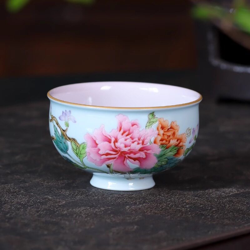 灵玺贡坊 手绘粉彩蓝地牡丹主人杯女士个人专用高档陶瓷功夫茶杯