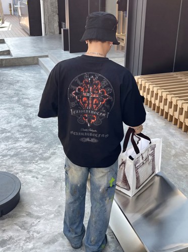 美式高街红格纹十字架短袖男夏季重磅纯棉宽松情侣T恤 CH266061