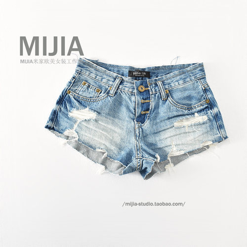 低腰多扣破洞牛仔短裤热裤修身