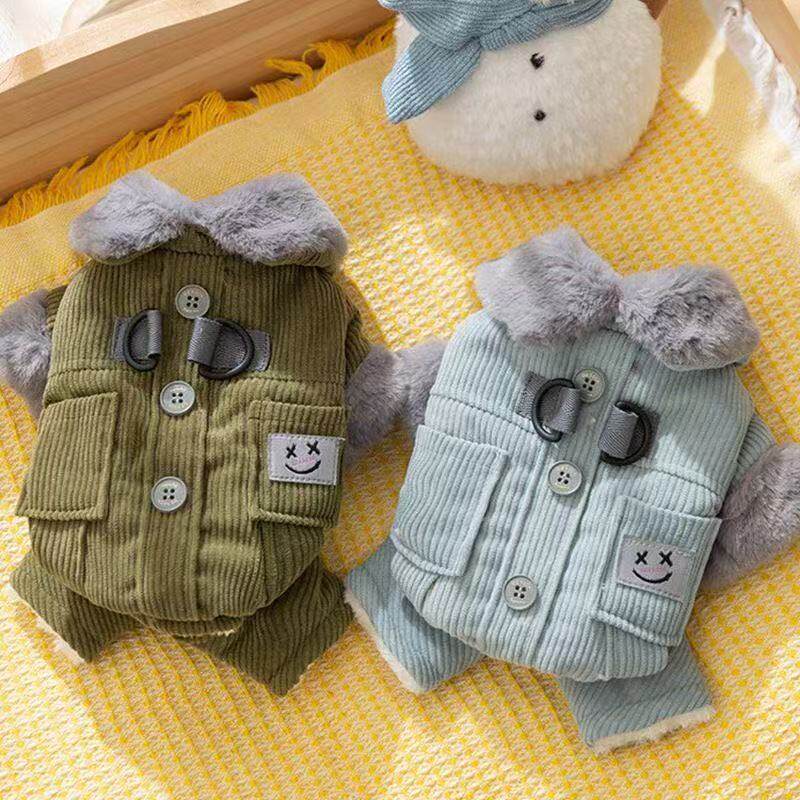 加绒毛领灯芯绒狗狗衣服冬天保暖中小型犬四脚棉衣服饰