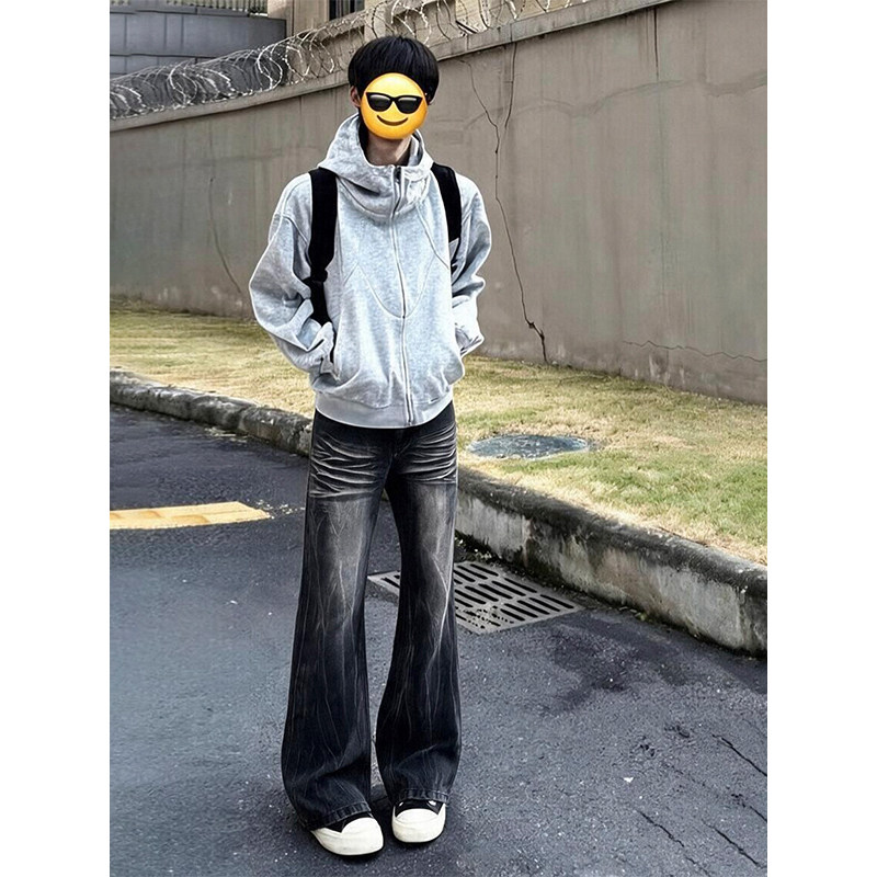 牛仔裤复古潮流高级感男女休闲美式高街闪电纹百搭秋季直筒微喇裤