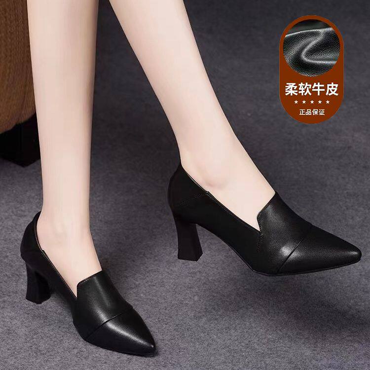 真皮气质高跟鞋女2026年春季新款尖头粗跟百搭浅口软皮中跟小皮鞋