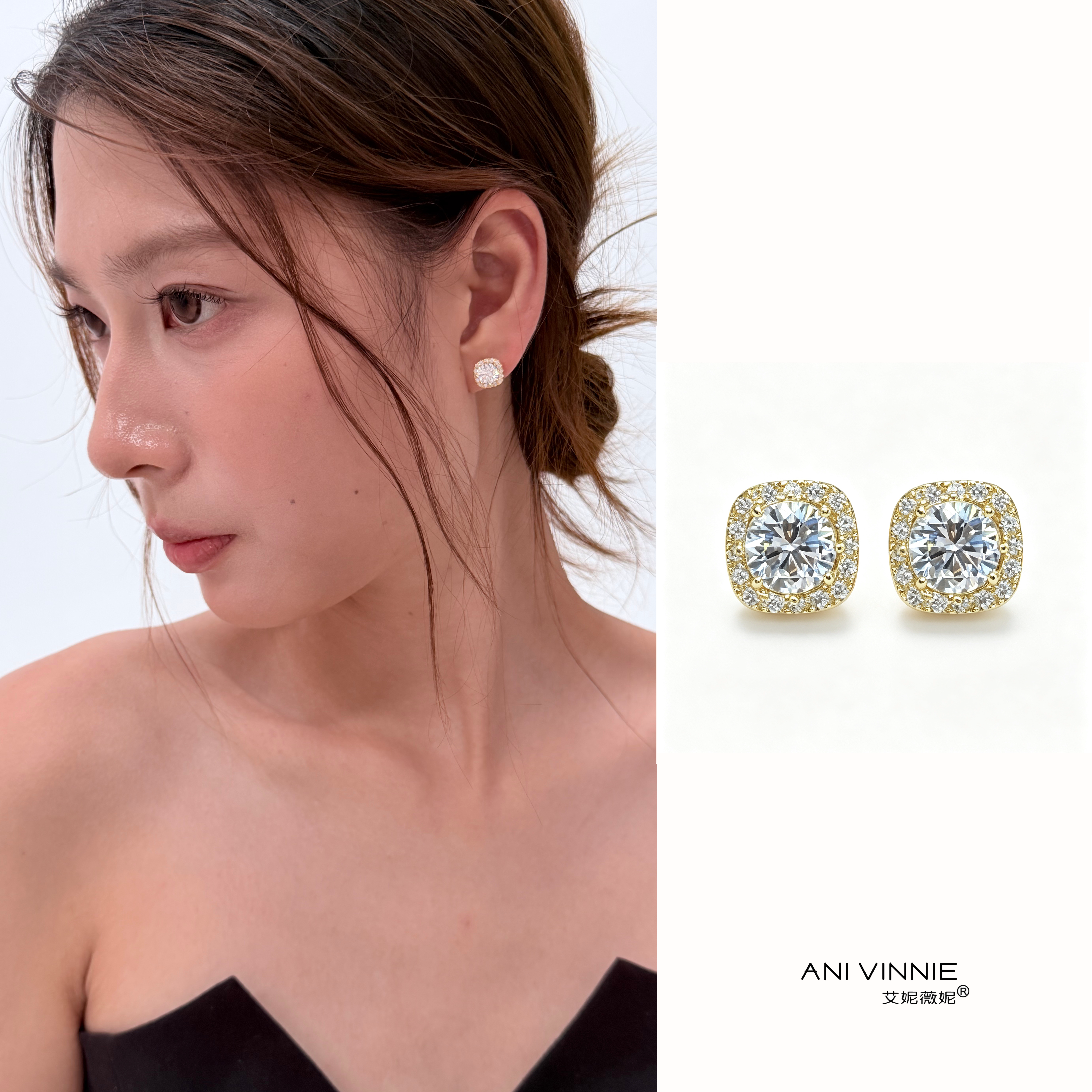 ins方形锆石耳钉女潮流简约小巧