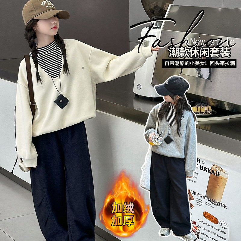 女童套装秋冬韩系潮范假两件加绒卫衣休闲仿牛仔弯刀阔腿裤两件套,童装/婴儿装/亲子装,套装,淘宝优惠券,粉丝福利购,淘宝优惠卷