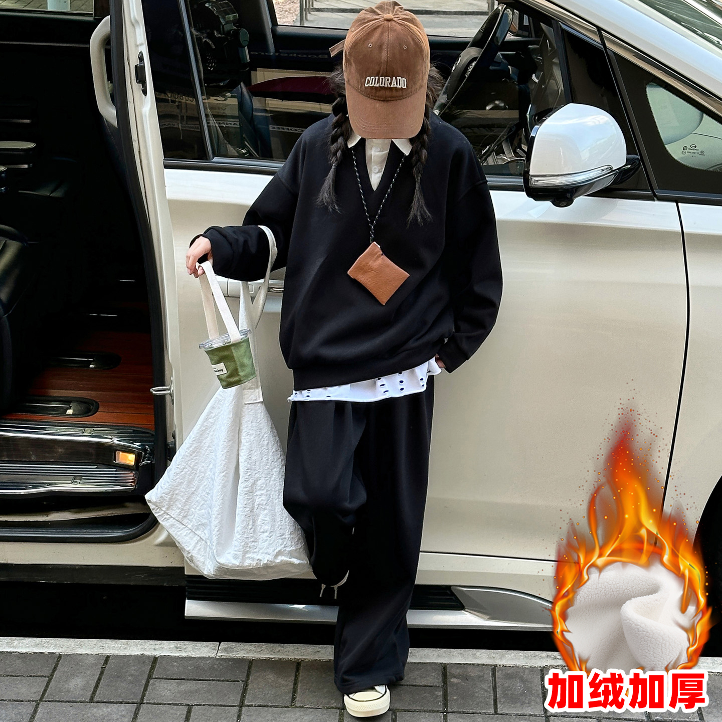 女童套装秋冬款2025新款韩版洋气时髦加绒假两件衬衫卫衣两件套潮