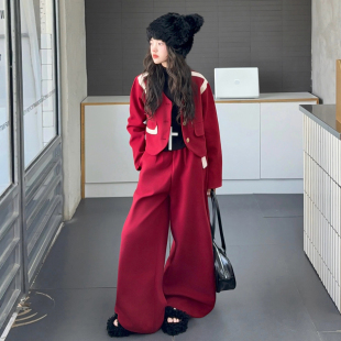 女童西服套装洋气春秋中大童韩版潮牌网红港风呢子西装礼服两件套