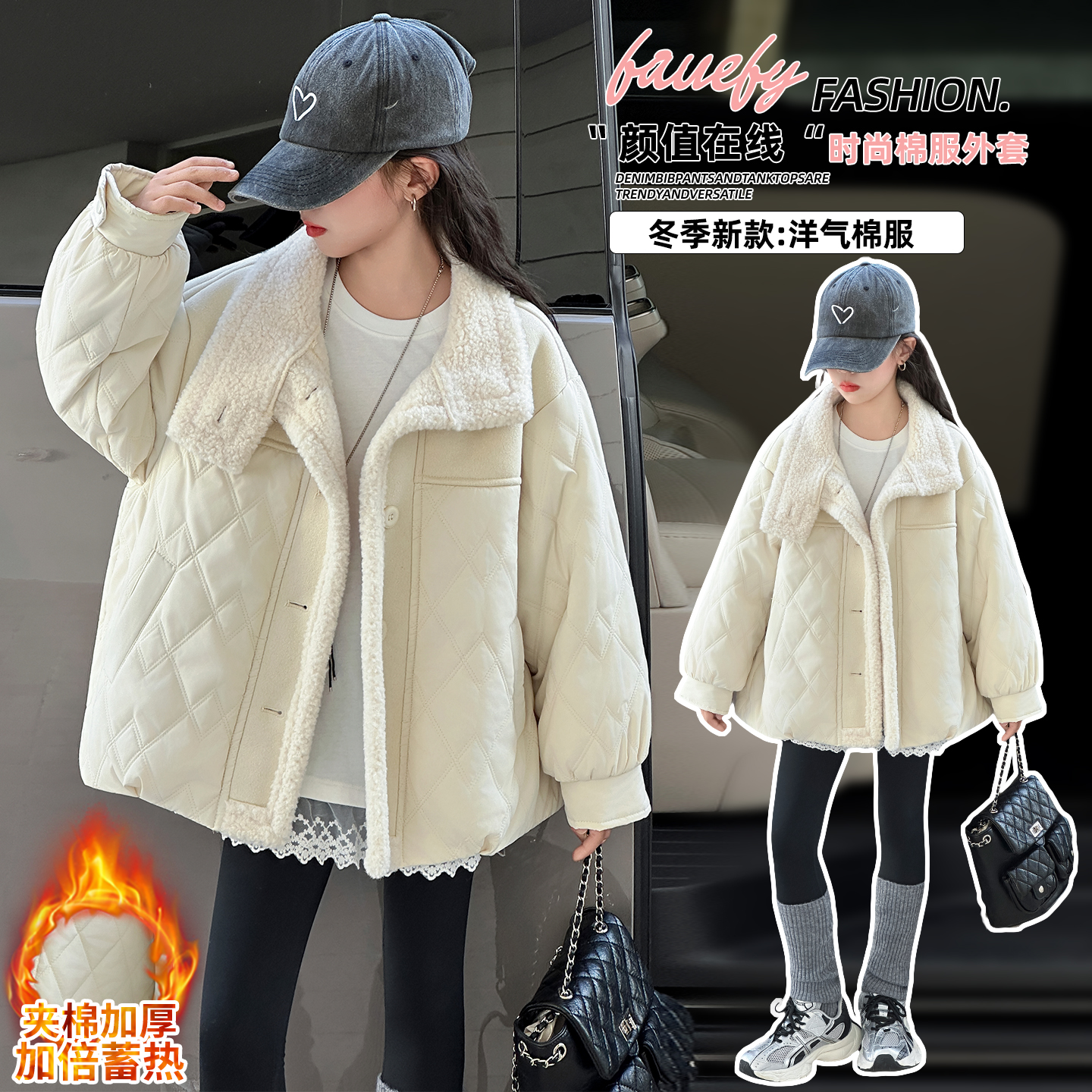 女童棉服冬装2025新款洋气加绒加厚时尚棉衣女孩韩版休闲棉袄外套