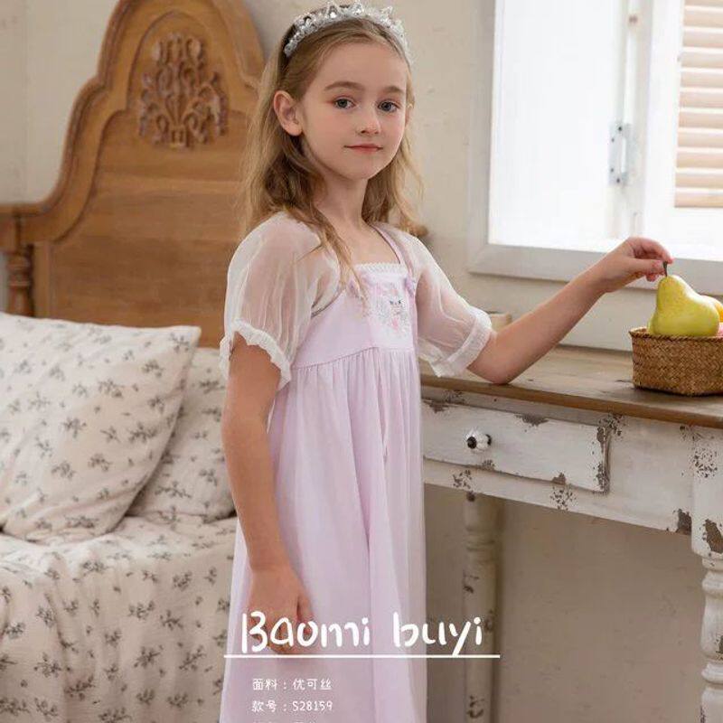 24优质夏季新款女童莫代尔国风刺绣亲子短袖花边结简约睡裙亲子