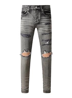美式潮牌PUR jeans新款烟灰色牛仔裤破洞补丁男弹力修身小脚裤ins
