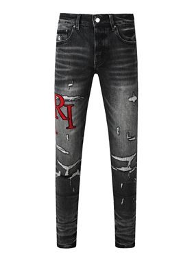 AMR JEANS 高街潮牌灰色机车牛仔裤男字母刺绣破洞修身小脚裤ins