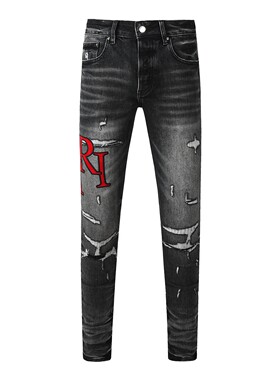AMR JEANS 高街潮牌灰色机车牛仔裤男字母刺绣破洞修身小脚裤ins