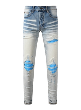 AMR JEANS 美式高街新款浅色破洞牛仔裤蓝色拼皮补丁修身小脚裤男