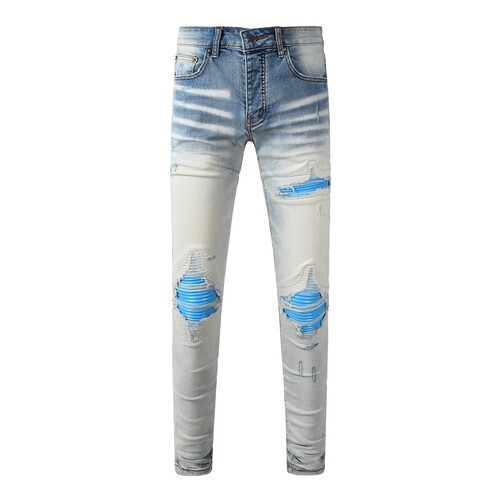 AMR JEANS 美式高街新款浅色破洞牛仔裤蓝色拼皮补丁修身小脚裤男