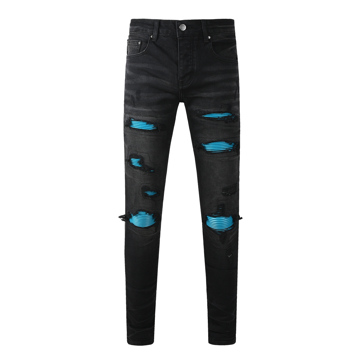 AMR JEANS 美式潮牌新款蓝色补丁破洞牛仔裤男黑色弹力修身小脚裤