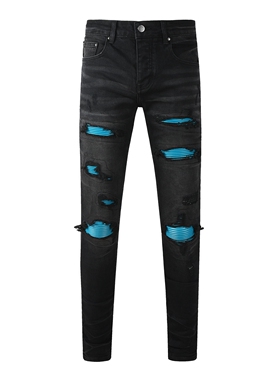 AMR JEANS 美式潮牌新款蓝色补丁破洞牛仔裤男黑色弹力修身小脚裤