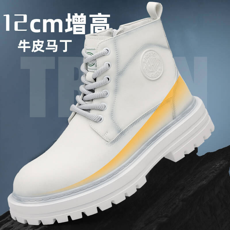 12cm增高厚底马丁靴白色机车加绒图片
