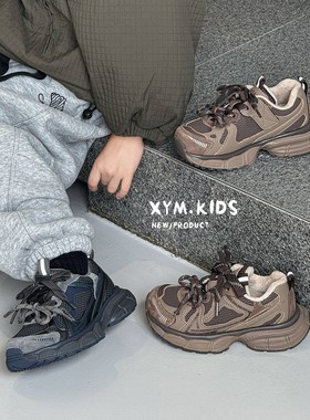 2025冬新款加绒儿童运动鞋时尚复古双系带男女童老爹鞋轻便球鞋潮