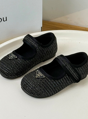 2025秋新款时尚韩版女童黑色编织皮鞋公主鞋防滑软底儿童浅口单鞋