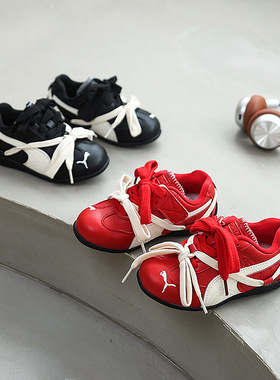 2025秋冬新款儿童真皮红色德训鞋男女童轻便休闲复古阿甘运动跑鞋