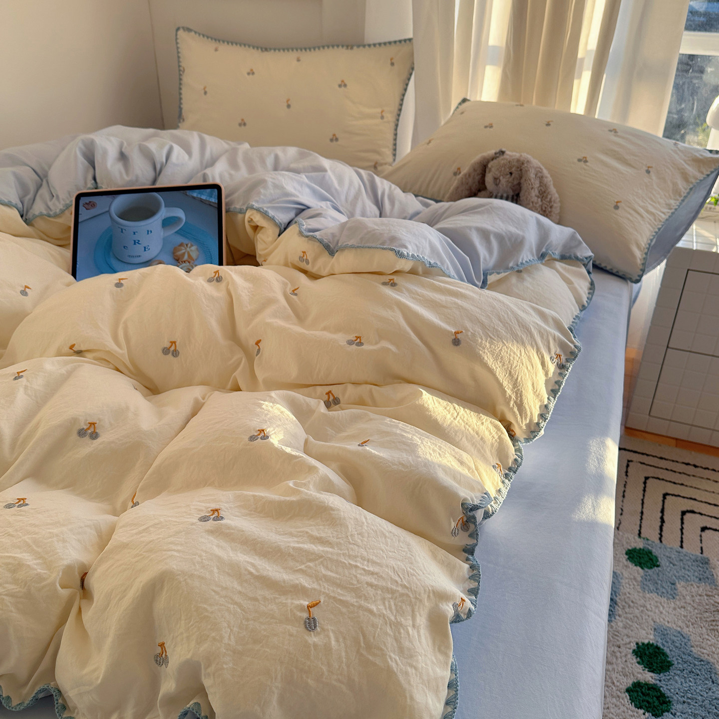 甜美风小花刺绣四件套纯色水洗棉套件可爱简约亲肤四季通用床单