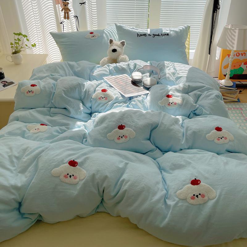 ins春秋季软糯纯色水洗棉四件套 可爱苹果狗绣花被套少女心小猫咪