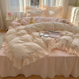 韩版 三件套 花边少女心碎花水洗棉四件套公主风甜美宿舍超软床裙款