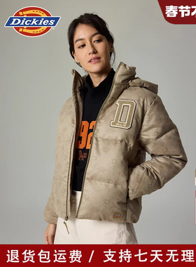 Dickies帝酷适2025秋冬可拆卸连帽小logo满印休闲女式工装羽绒服