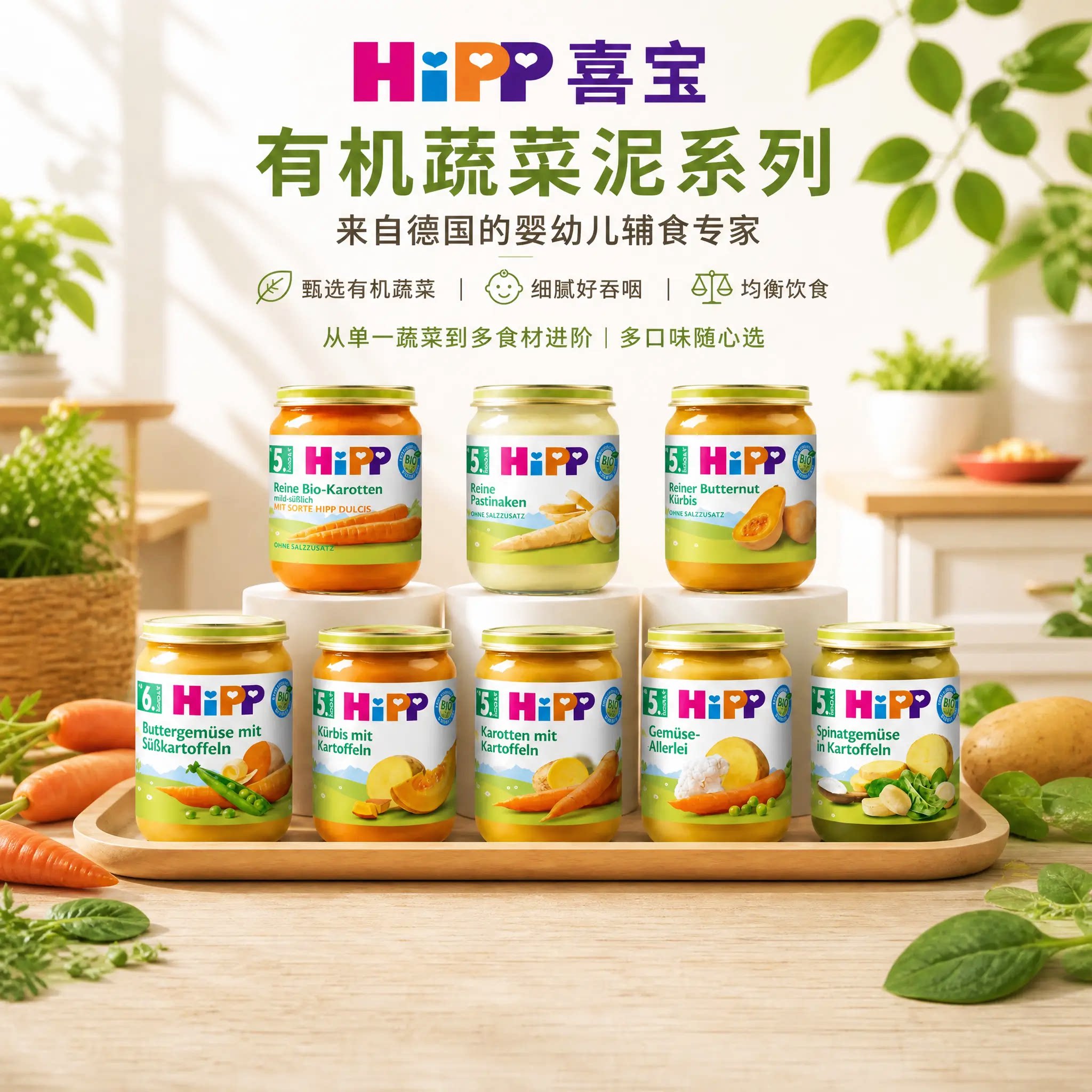 德国Hipp喜宝有机蔬菜泥南瓜胡萝卜土豆防风草土豆菠菜5个月以上