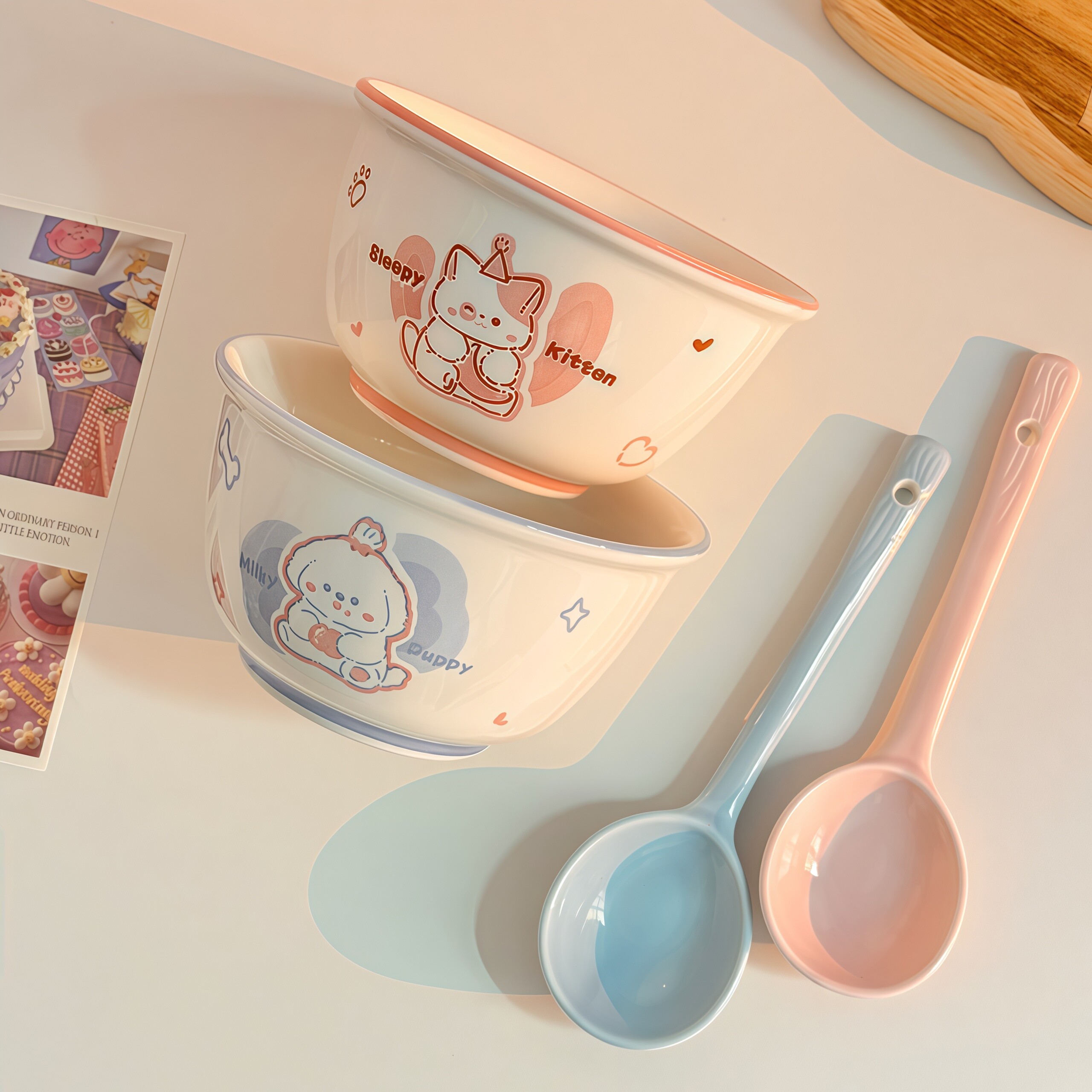 可爱卡通猫狗陶瓷甜品碗4.8英寸图片