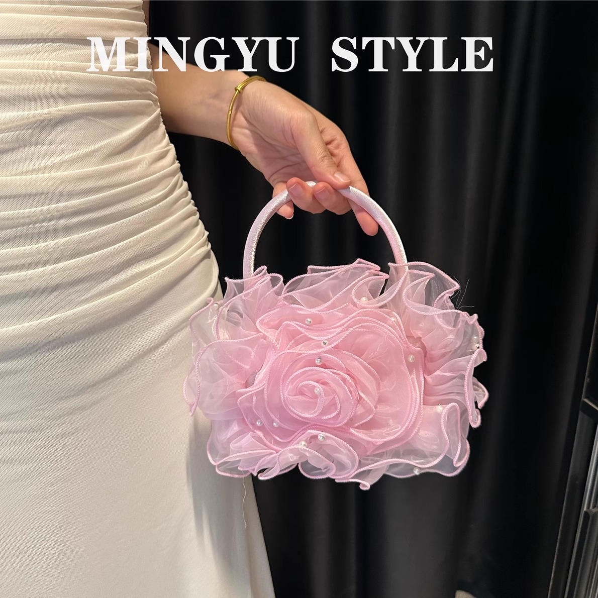 复古仙女立体粉色纱蓬松大花朵婚纱礼服新娘包包舞台女手提斜跨包