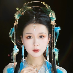 雀之灵汉服头饰古风流苏 蓝色孔雀羽毛发冠套装 格格间原创 青鸾