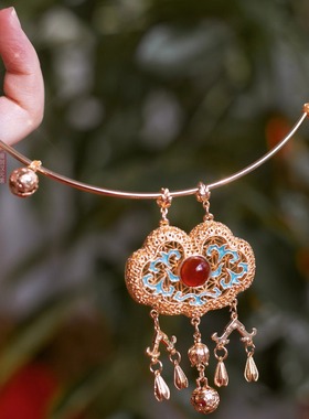 格格间原创【庭月】纯铜晚明风烧蓝平安锁项圈古风项链女珍珠璎珞