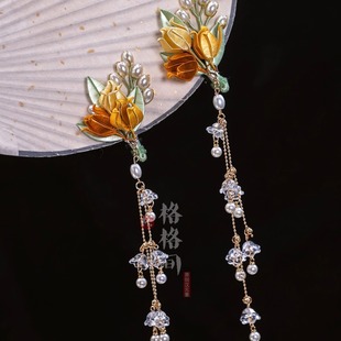 格格间原创 非遗黄色秋天铃兰缠花发夹流苏旗袍汉服发饰 黄铃草