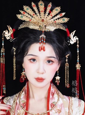 格格间原创【有凤来仪】保色铜玛瑙明制汉服凤冠霞帔新娘发冠套装